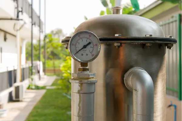 Pressure tank replacement service in progress inside a residential pump room